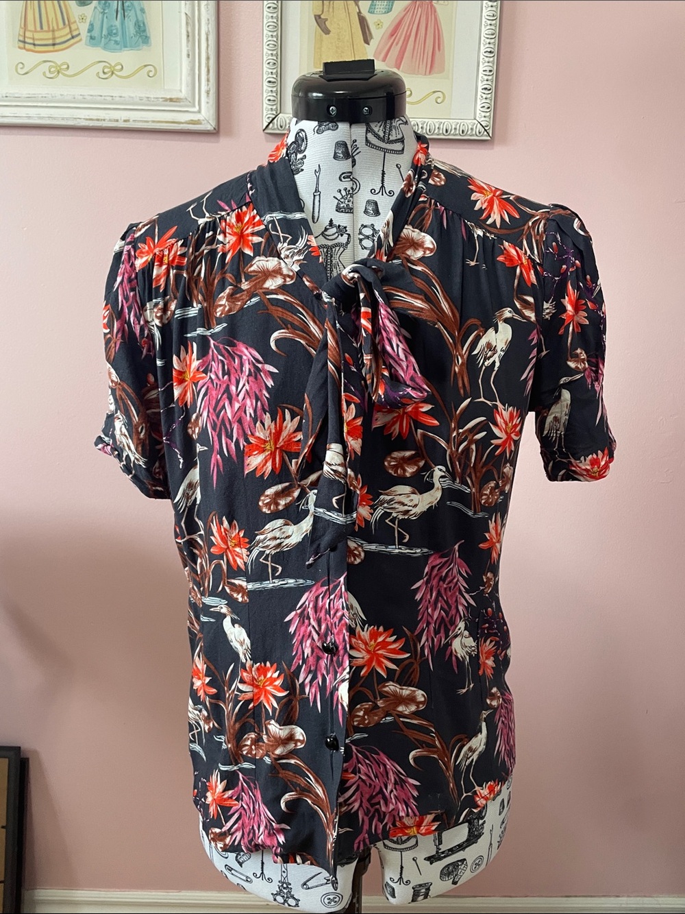 Hell Bunny Navy Floral Tie-Neck Blouse
